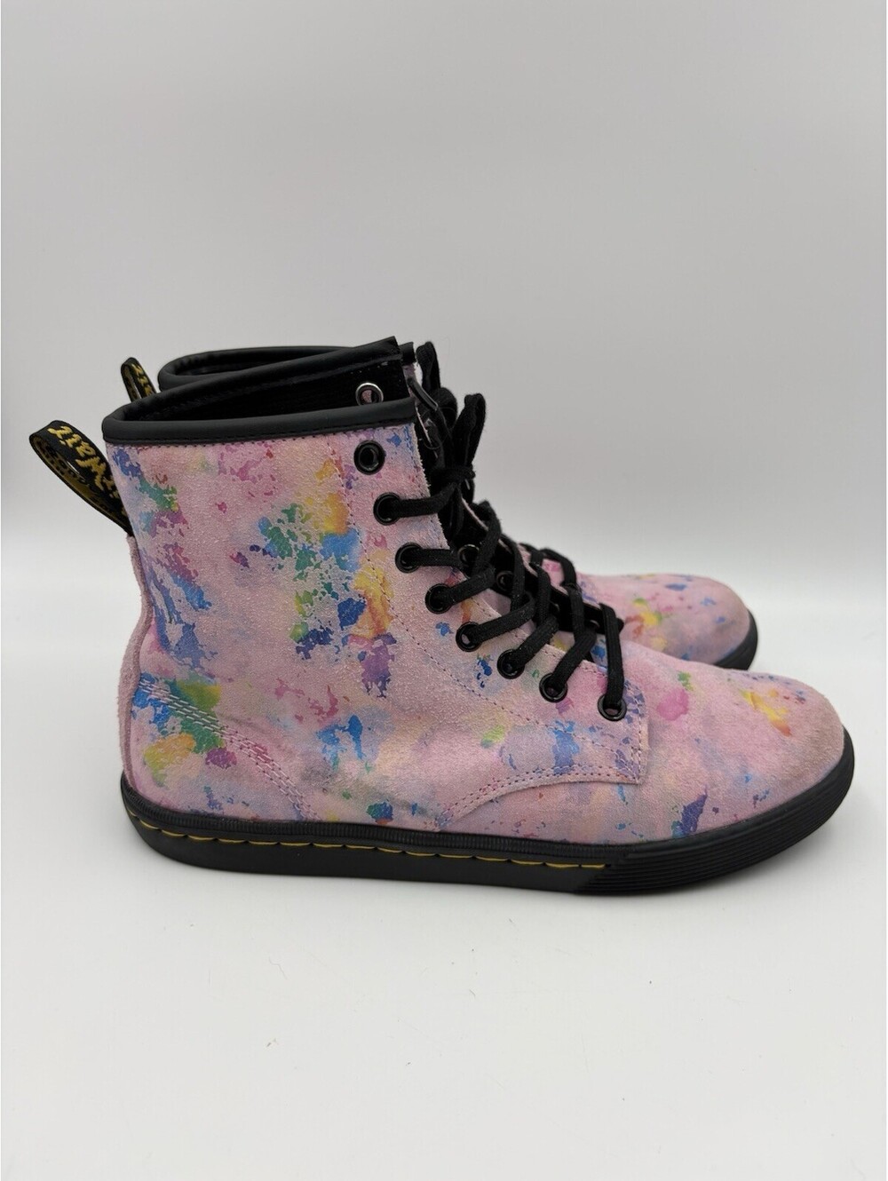 Dr. Martens Sheridan Womens 8 Lace Up Boots Pink Rainbow Burst Confetti Paint